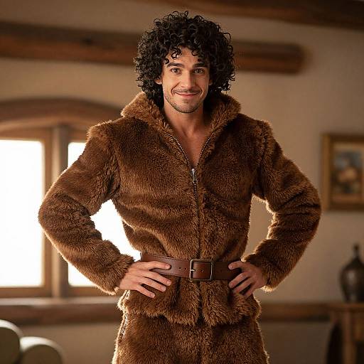 Man Wearing Brown Faux Fur Jacket with Belt Indoor Portrait vllm2604