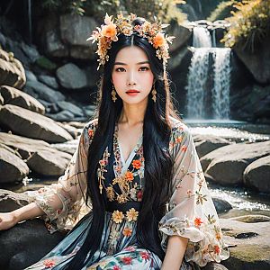Serene Woman in Floral Kimono by Waterfall