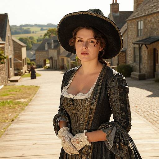 Woman in 18th Century Dress and Wide-Brimmed Hat on Historic Village Street