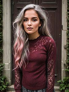 Confident Young Woman with Pink and Silver Hair in Front of Ornate Door
