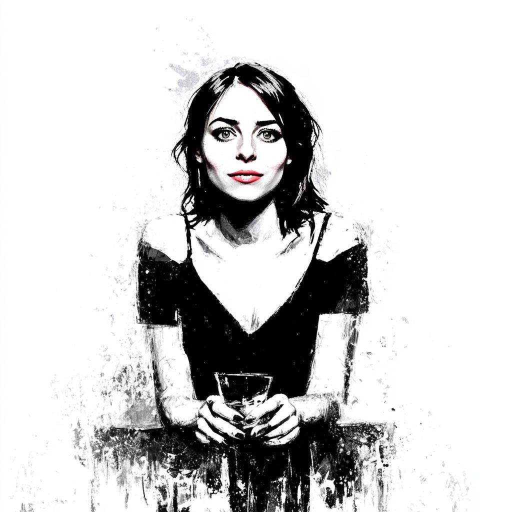 Black and White Digital Portrait of Woman Holding Glass in Artistic Sketch Style
