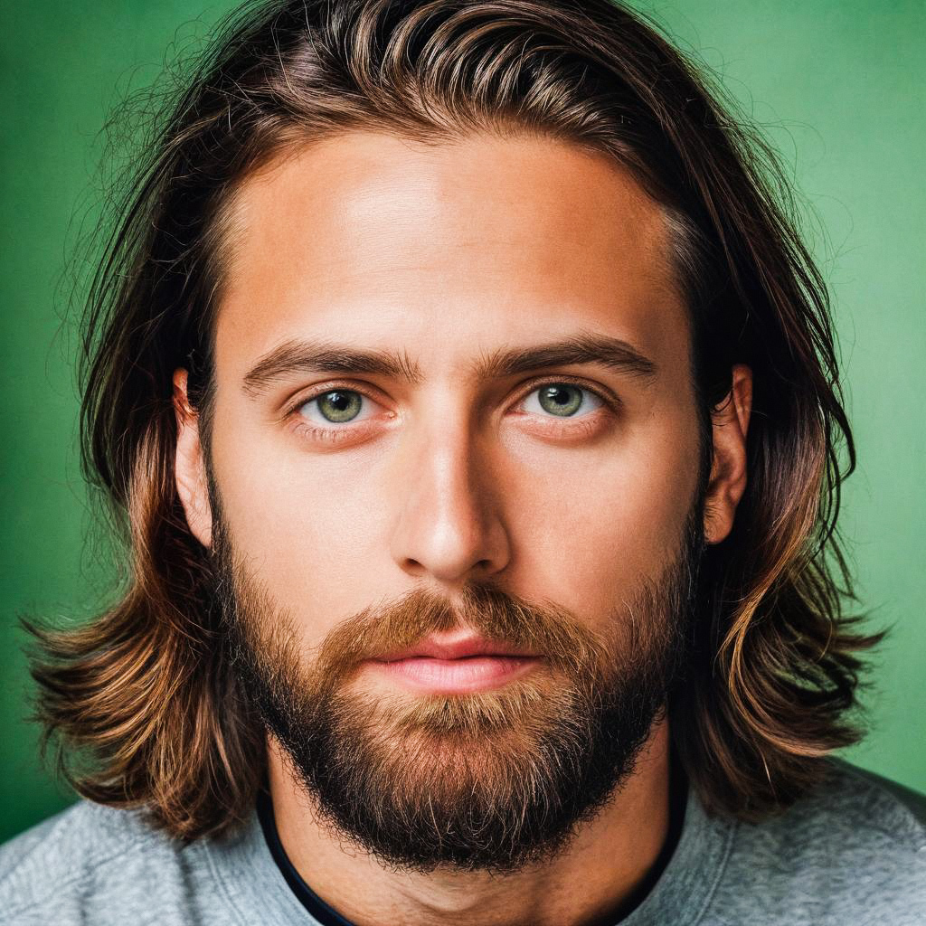 Close-up portrait of a man with green eyes and beard
