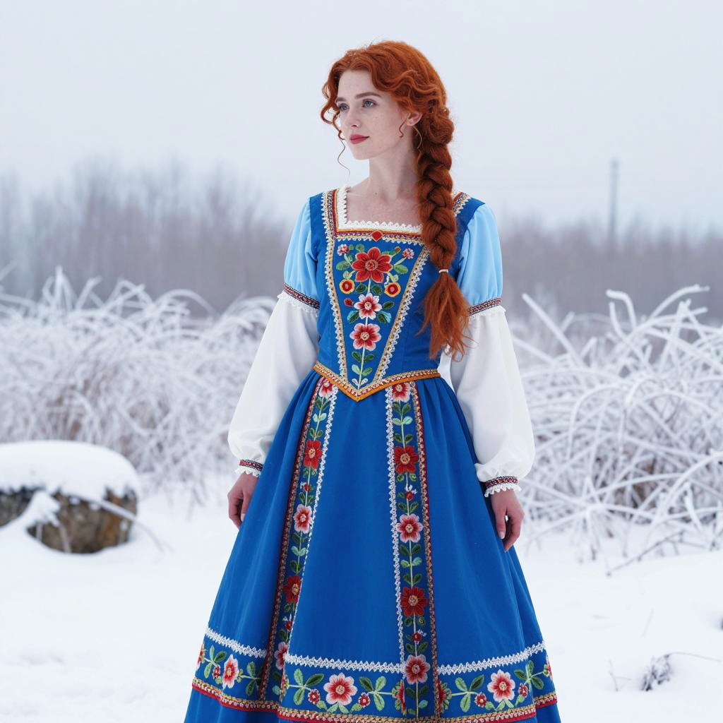 Woman in Traditional Blue Embroidered Dress Standing in Snowy Winter Landscape
