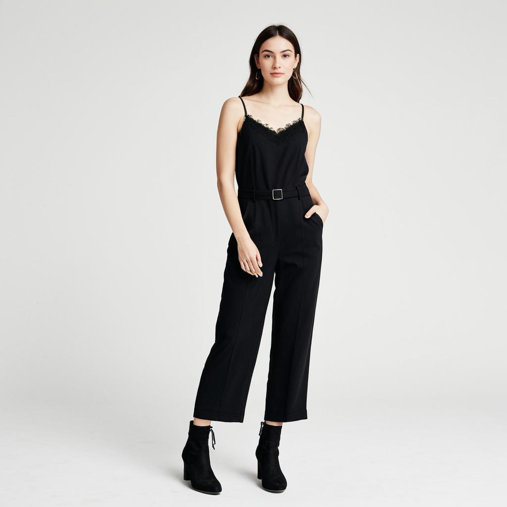 Woman Wearing Modern Minimalist Black Sleeveless Jumpsuit with Thin Straps