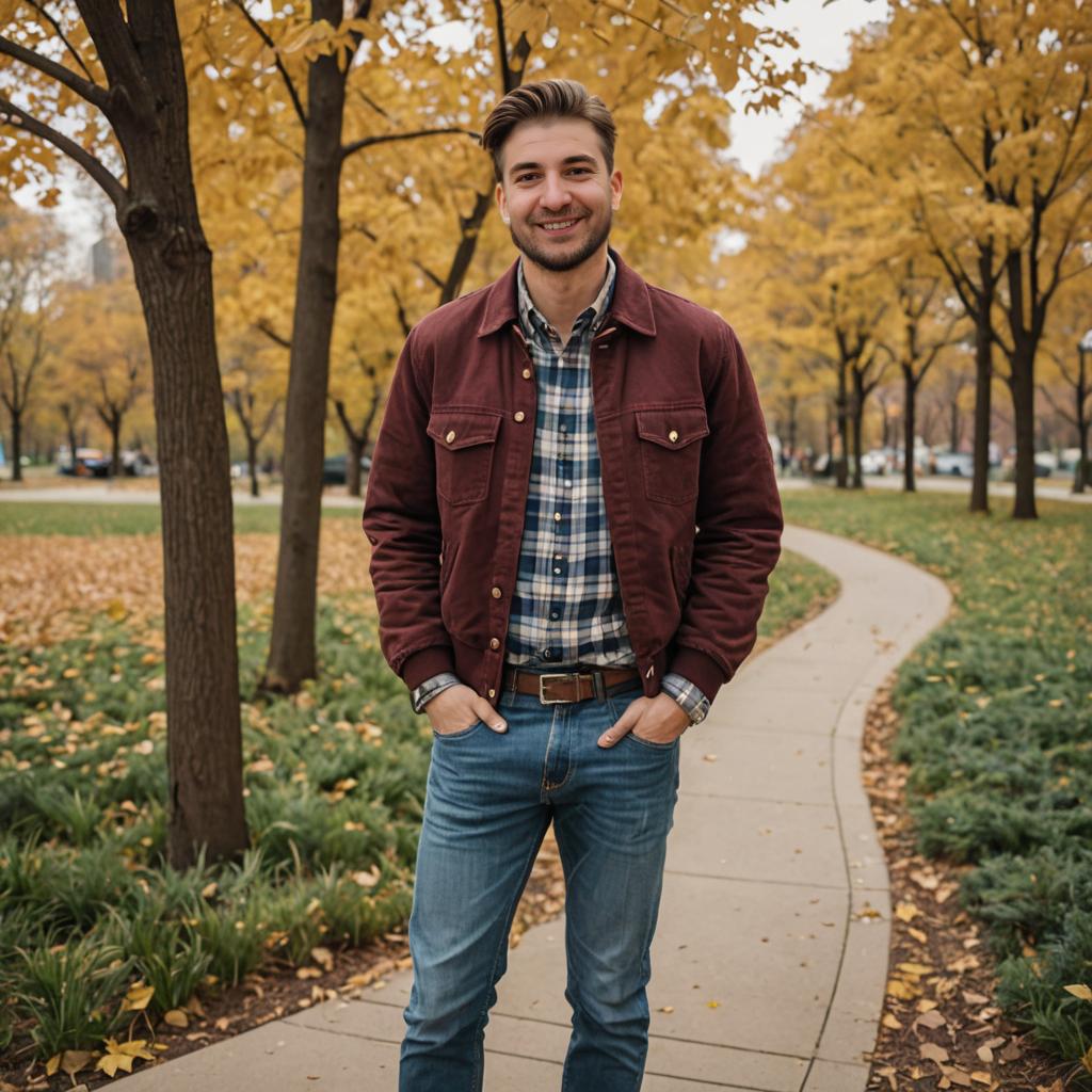 Man in Park During Autumn with Plaid Shirt and Maroon Jacket