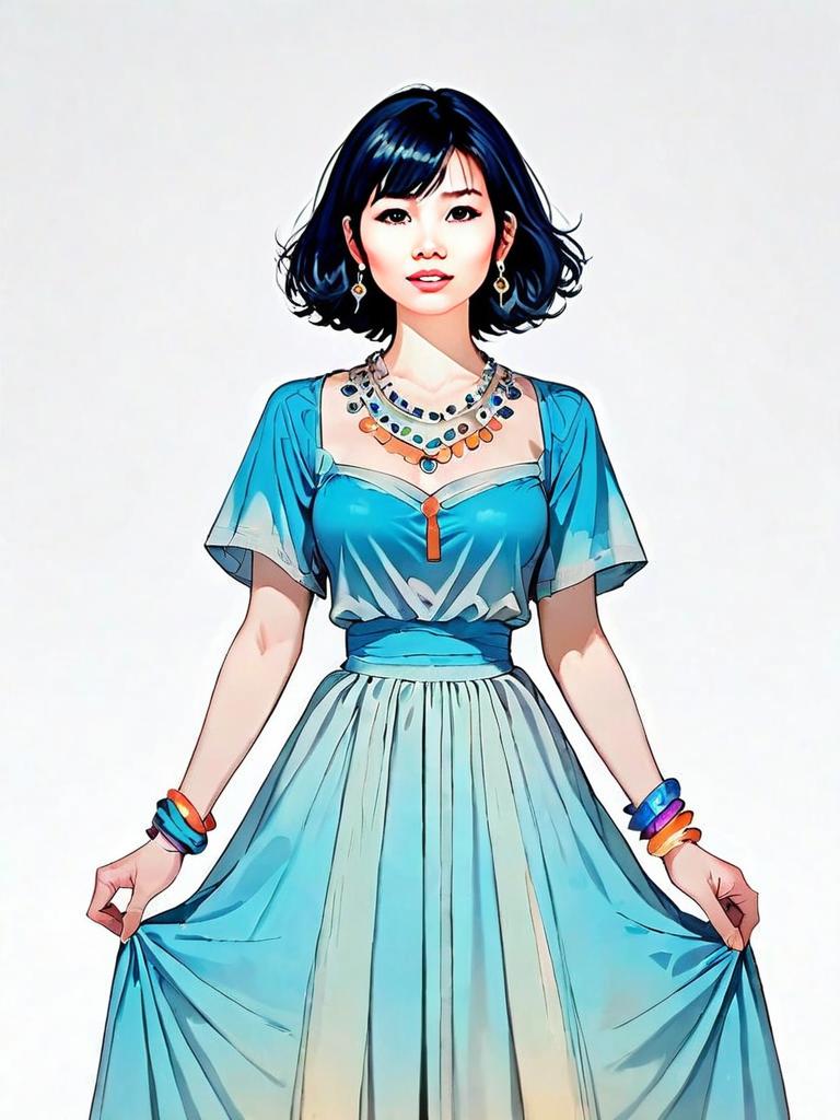 Realistic Comic Style Illustration of Woman in Blue Dress with Jewelry Full Body Shot