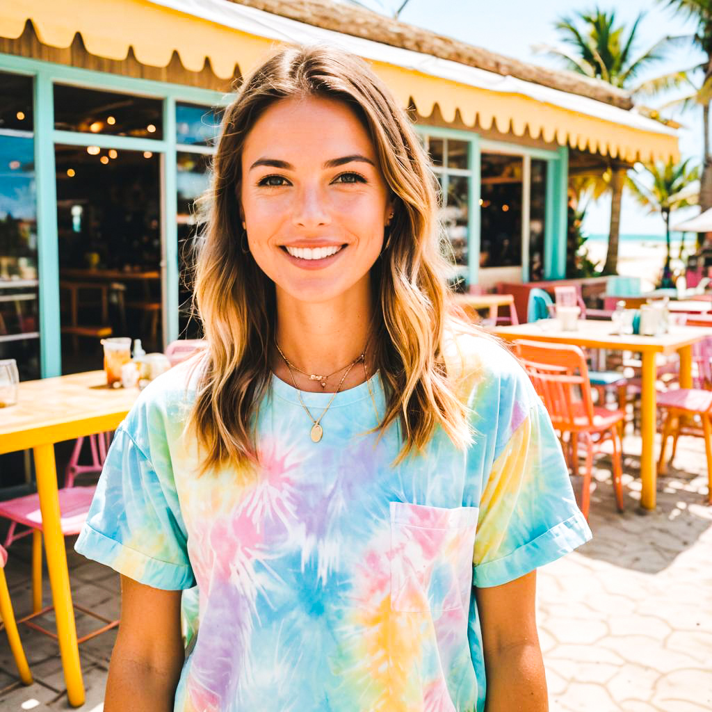 Cheerful woman in tie-dye shirt at outdoor café