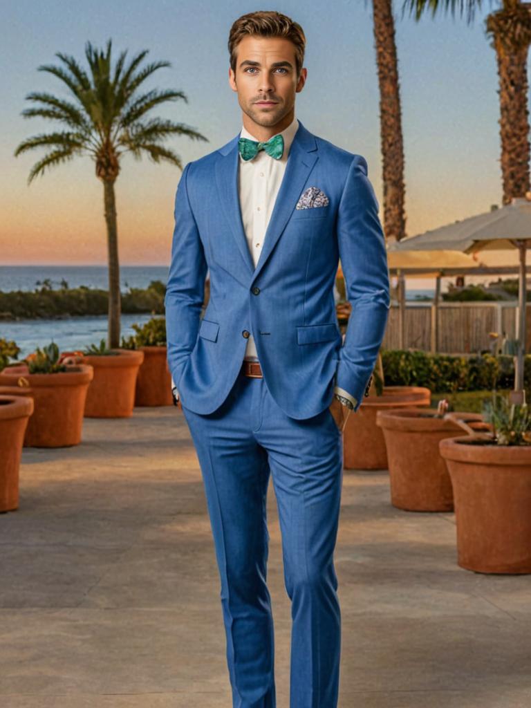 Stylish Man in Blue Suit at Upscale Outdoor Event