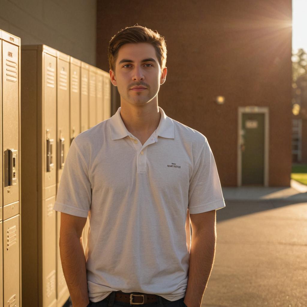 Young man in front of school lockers