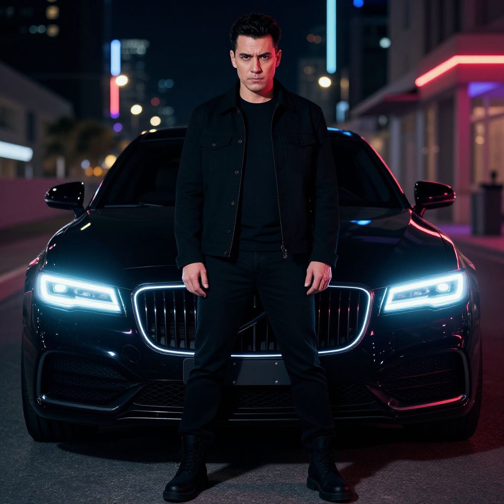 Man Standing in Front of Luxury Car with Neon City Lights at Night