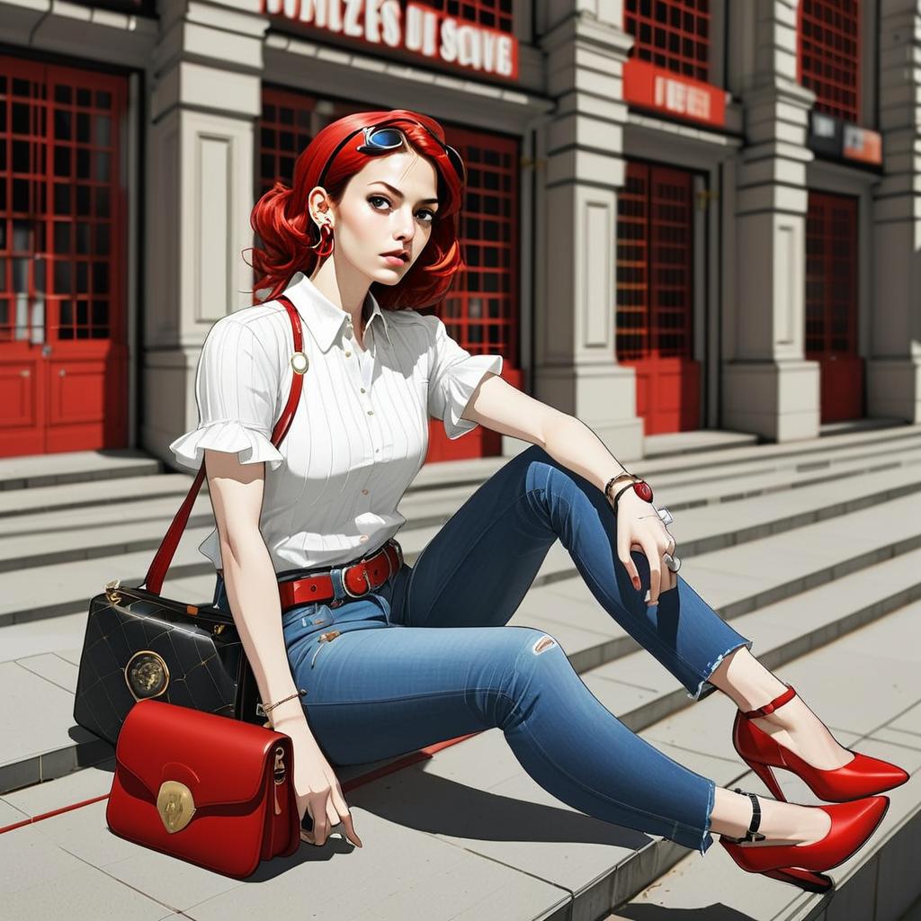 Stylish Young Woman with Red Hair on Outdoor Steps Stylish Young Woman with Red Hair on Outdoor Steps