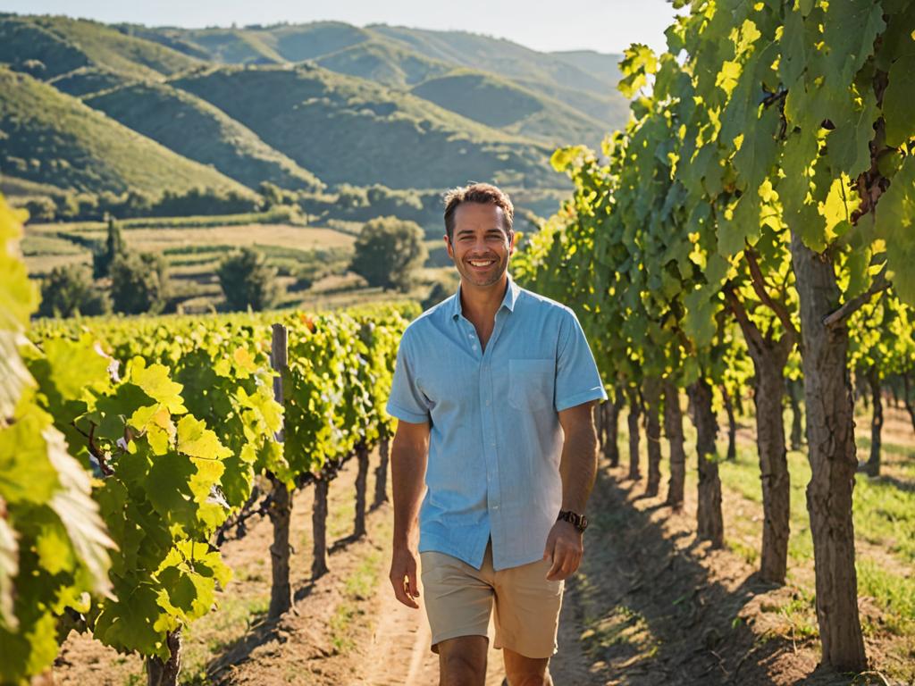 Man Walking Through Picturesque Vineyards