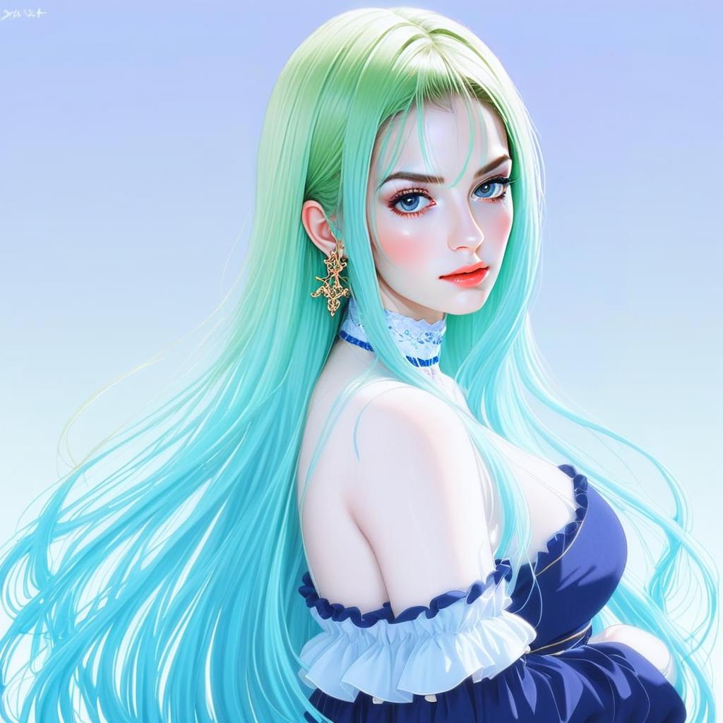 Anime Woman with Long Turquoise Hair in Elegant Navy Blue Dress