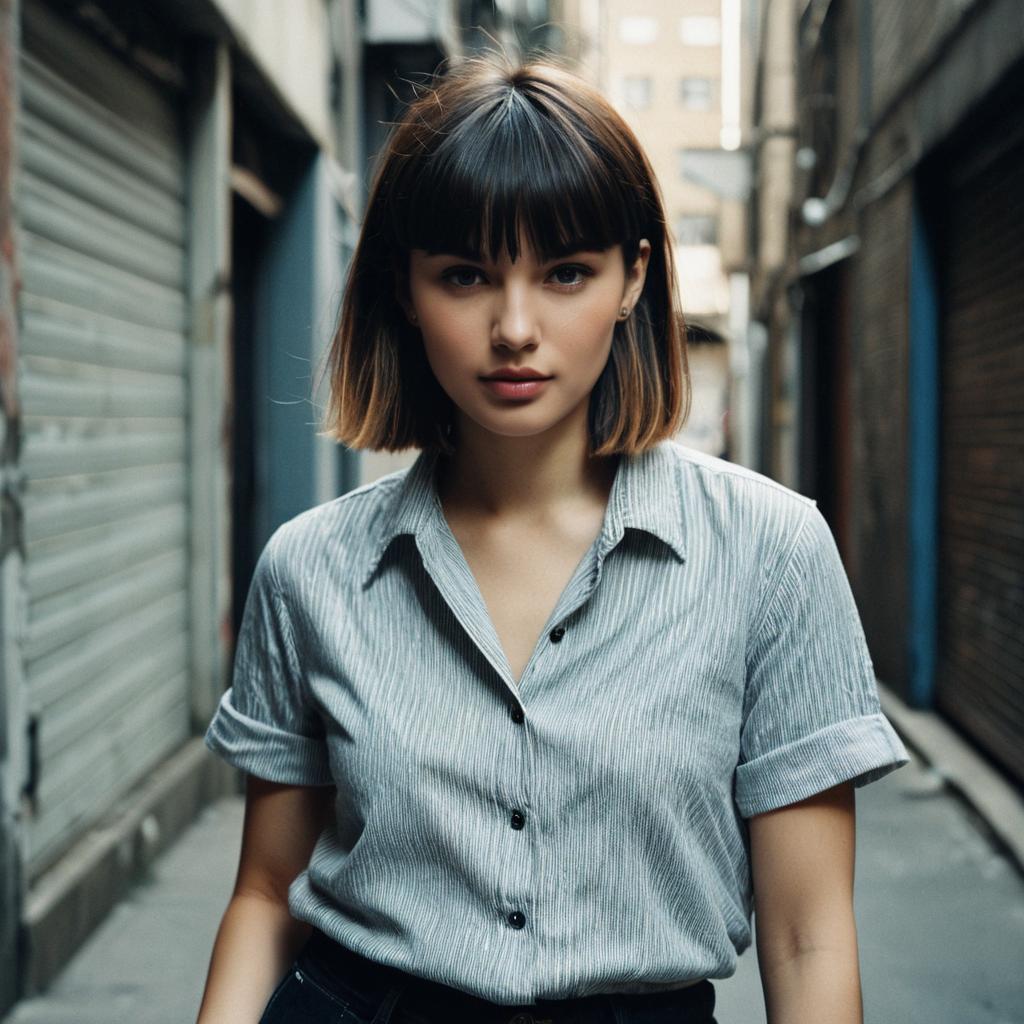 Portrait of Young Woman in Urban Alleyway with Bob Haircut