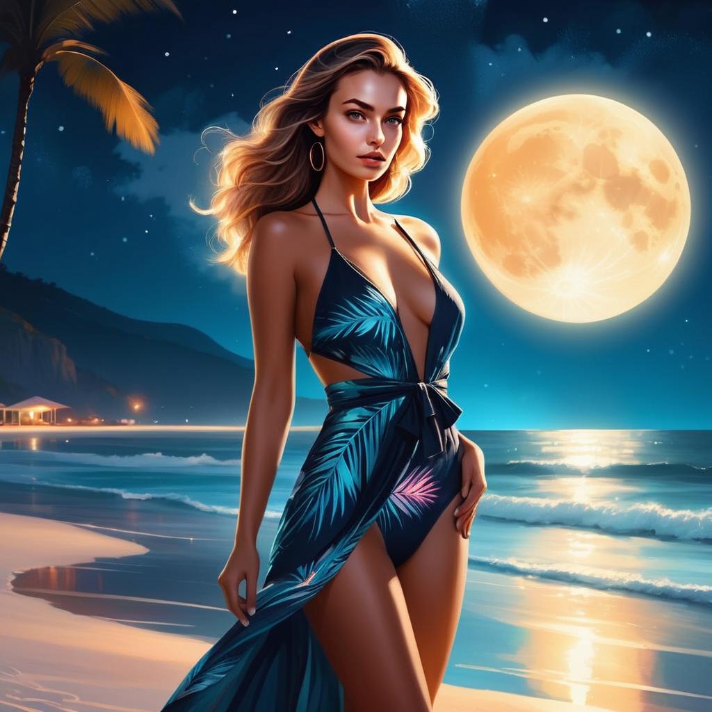 Woman on Moonlit Tropical Beach in Elegant Blue Dress