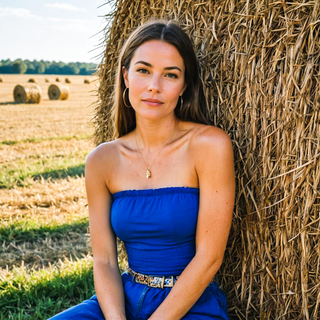 Young Woman by Hay Bales in Sunlit Field