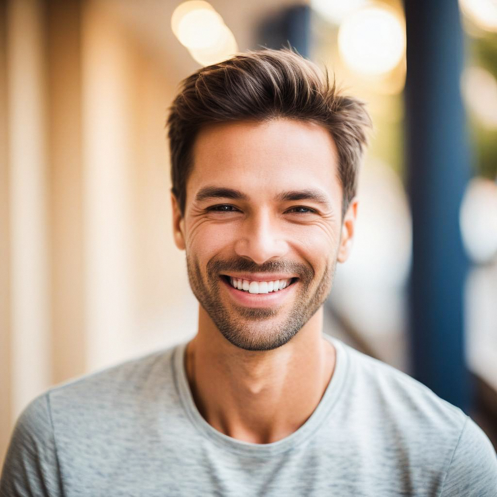 Young man with styled hair and beard smiling