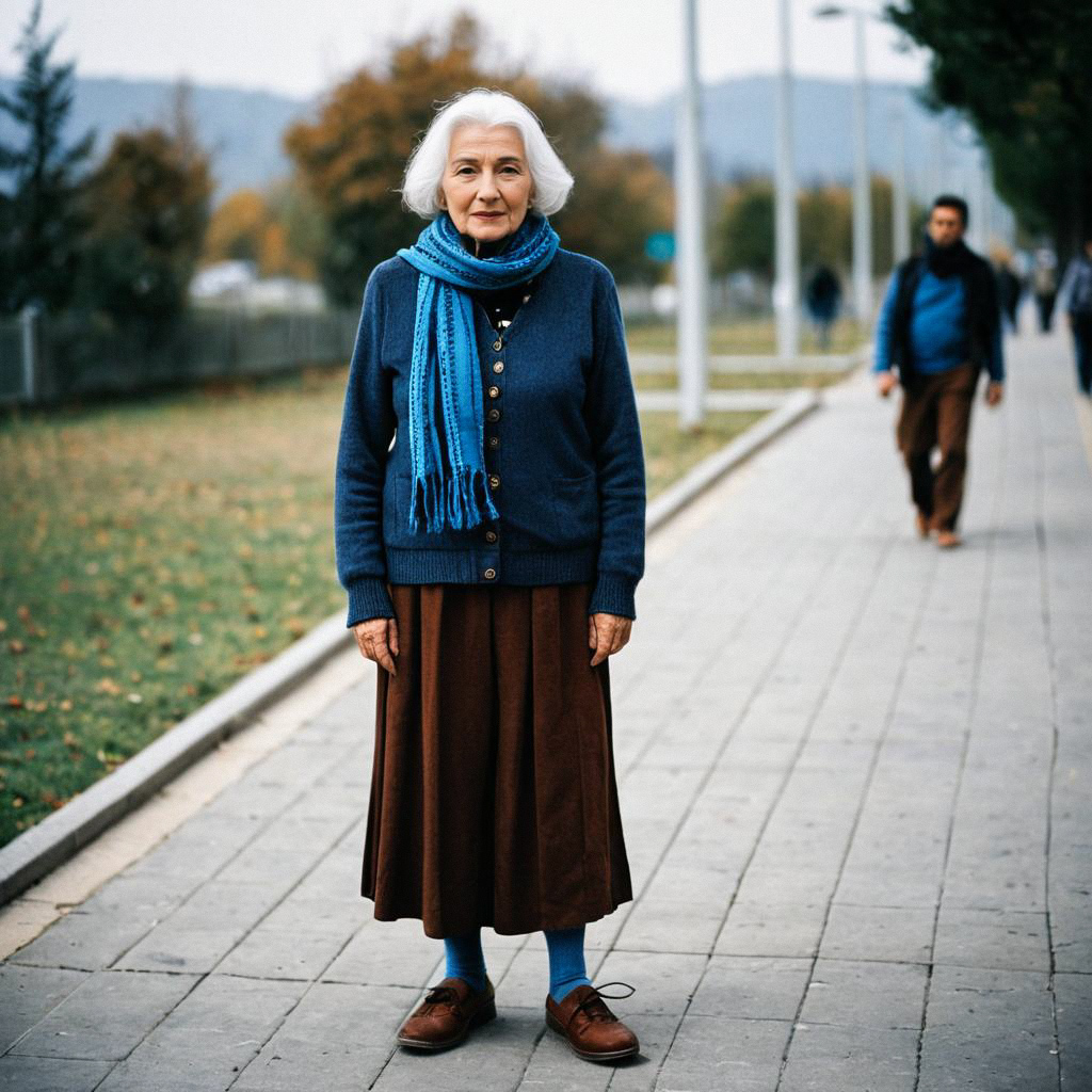 Elderly Woman in Vintage Outfit on Autumn Pathway Elderly Woman in Vintage Outfit on Autumn Pathway