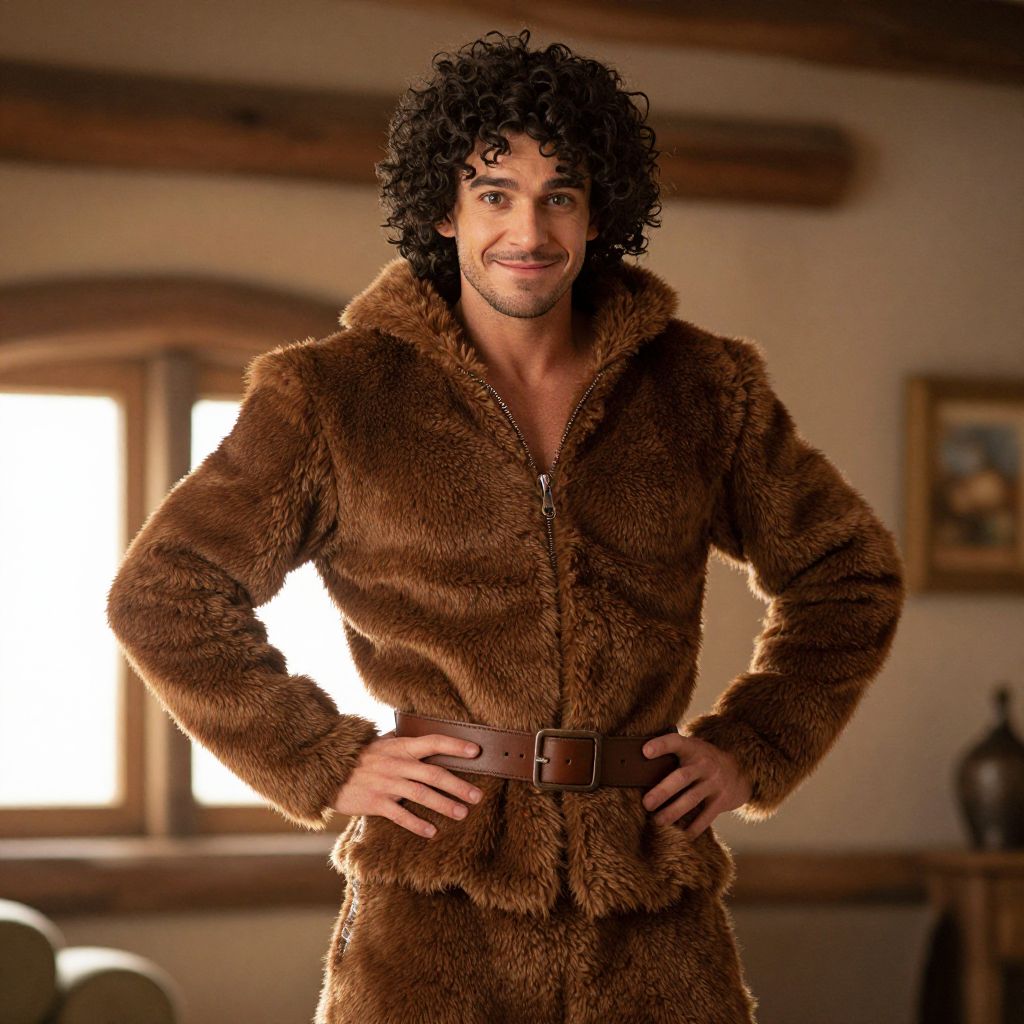 Man Wearing Brown Faux Fur Jacket with Belt Indoor Portrait vllm2604