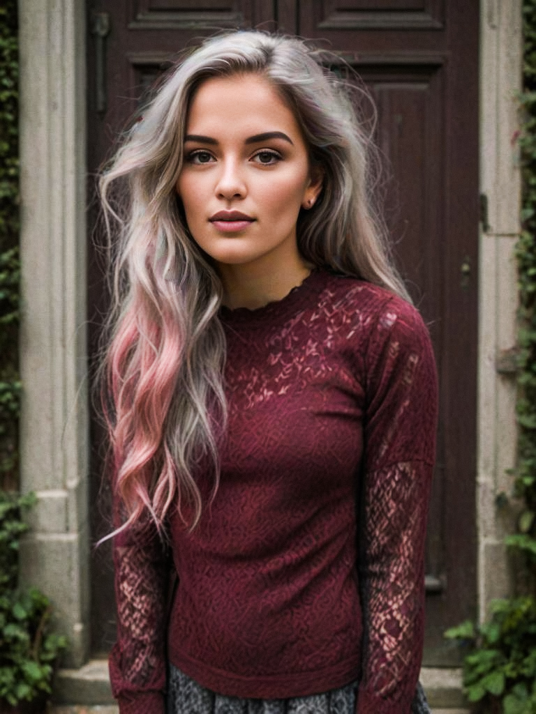 Confident Young Woman with Pink and Silver Hair in Front of Ornate Door Confident Young Woman with Pink and Silver Hair in Front of Ornate Door