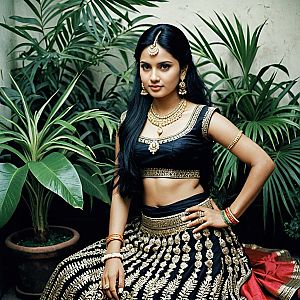 Elegant Woman in Black Silk Lehenga with Gold Embroidery