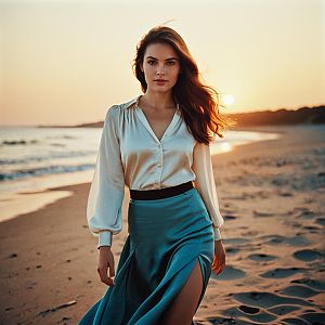 Elegant Woman Walking on Beach at Sunset in Silky Blouse and Teal Skirt