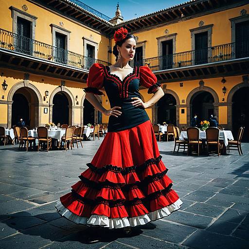 Woman in Traditional Spanish Flamenco Dress in Historic Courtyard