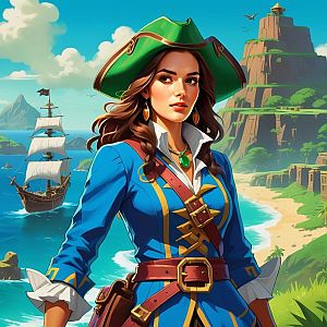 Confident Woman in Pirate Outfit on Tropical Coastline