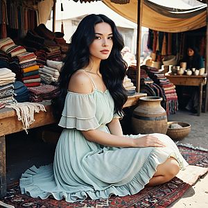 Elegant Woman in Light Green Dress at Traditional Market Stall