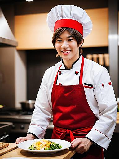 Young Male Chef in Red Apron Presenting Gourmet Dish in Modern Kitchen