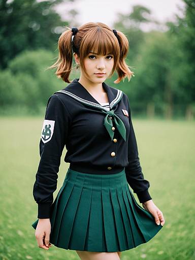 Girls und Panzer Inspired Japanese School Uniform Cosplay with Green Pleated Skirt