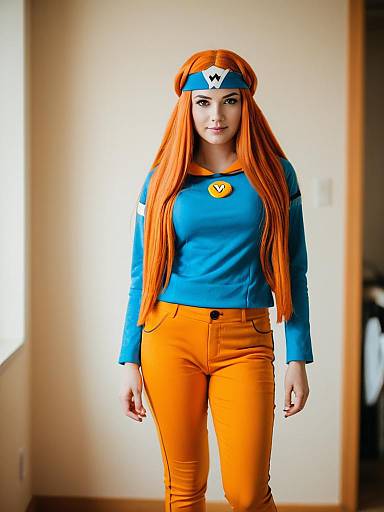 Cosplay Woman in Bright Blue and Orange Video Game Inspired Costume