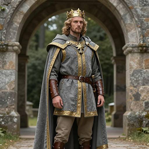 Medieval King in Grey and Gold Regal Costume with Crown and Cape