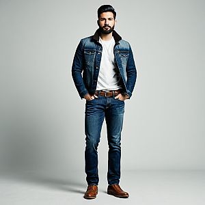 Fashionable Man in Denim Jacket and Jeans Standing in Studio