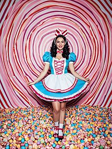 Woman in Candyland Costume Full Body Cosplay Photo in Candy-Themed Background