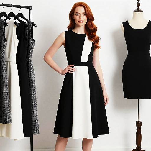 Woman in Black and White Designer Dress with Elegant Clothing Collection