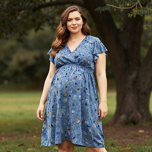 Plus Size Pregnant Woman in Loose Blue Floral Summer Dress