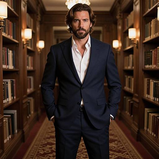 Confident Man in Navy Suit Standing in Elegant Library