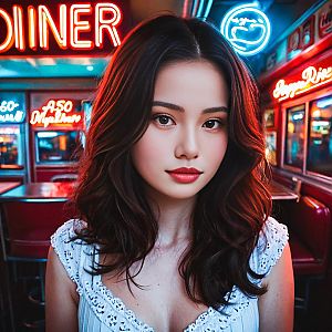 Young Woman in Retro Diner with Neon Lights