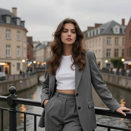 Trendy Gen Z Woman in Gray Suit on Canal Bridge Urban Fashion