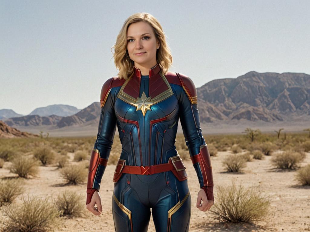 Woman in Captain Marvel Costume in Desert