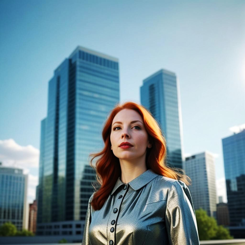 Confident Woman with Red Hair in Metallic Attire Against Skyscrapers