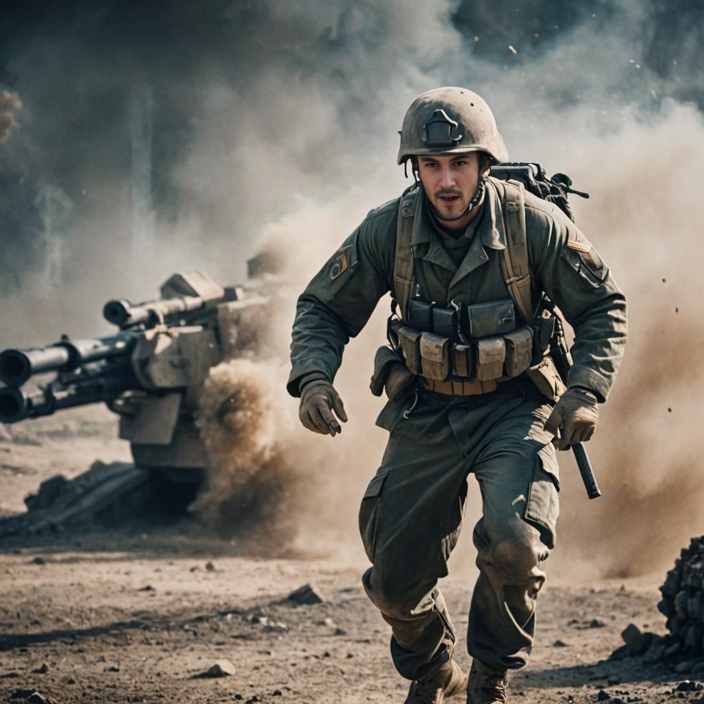 Man in Military Attire Running Through Battlefield