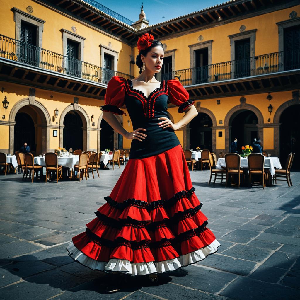 Woman in Traditional Spanish Flamenco Dress in Historic Courtyard