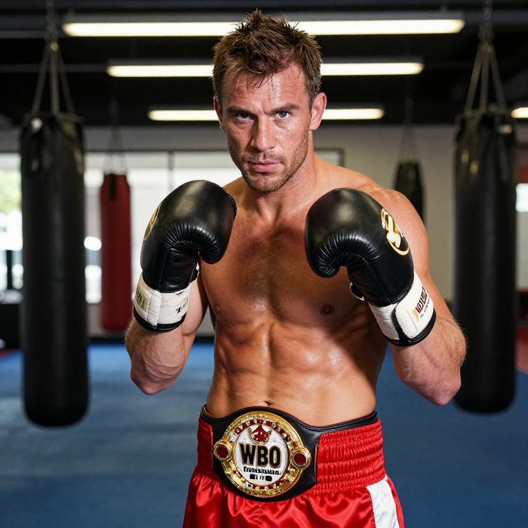 Male Boxer with WBO Championship Belt Training in Gym