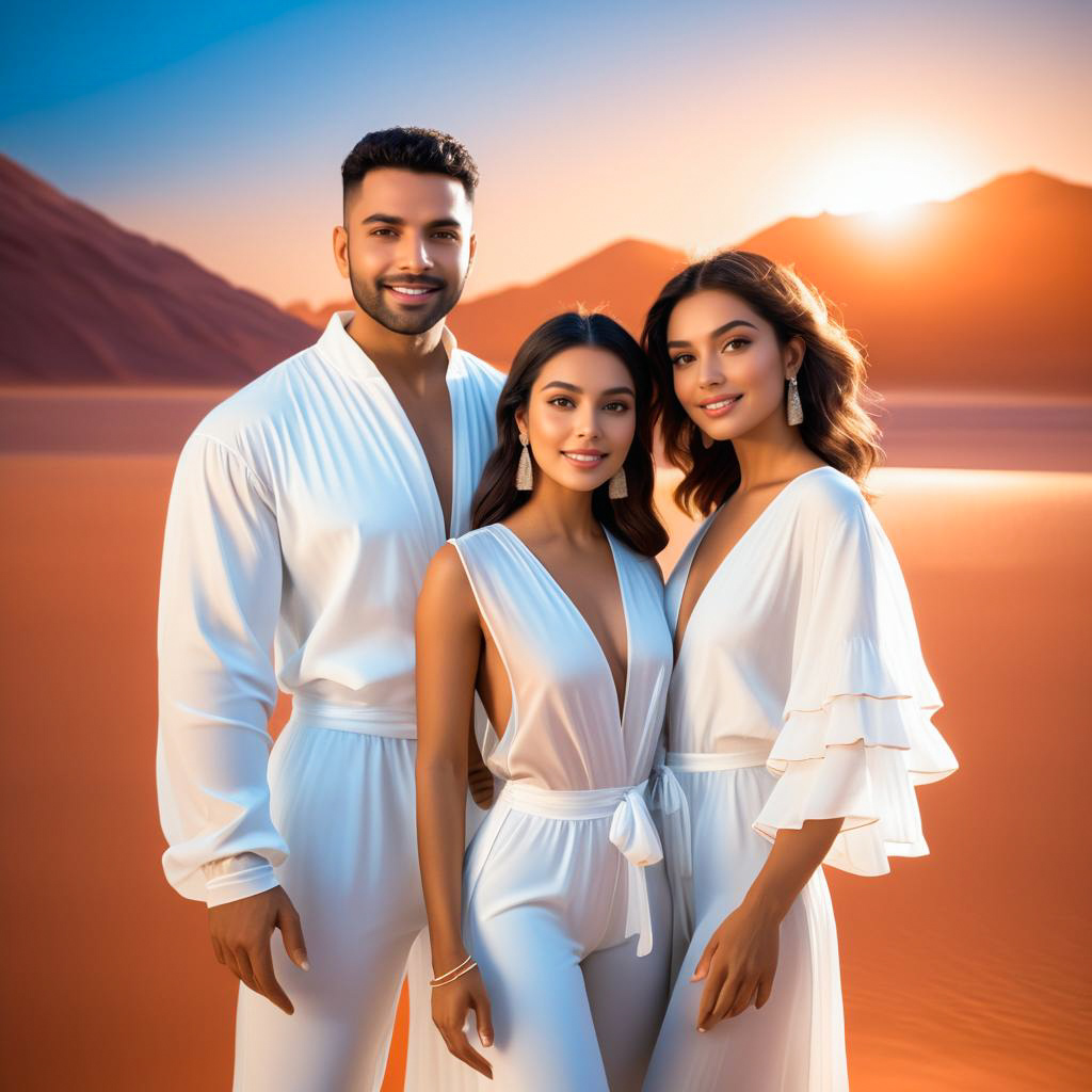 Stylish Trio in Desert at Sunset