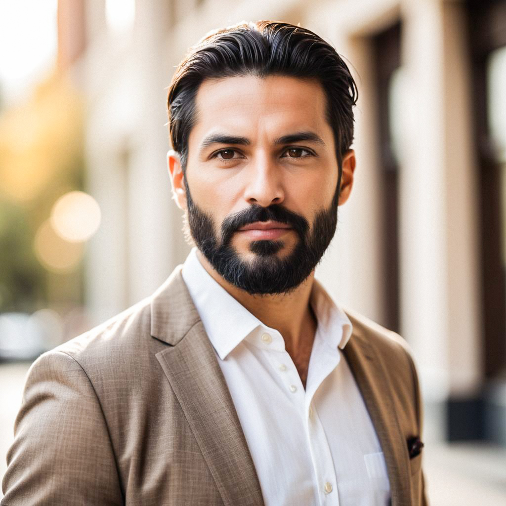 Confident man in light brown suit outdoors