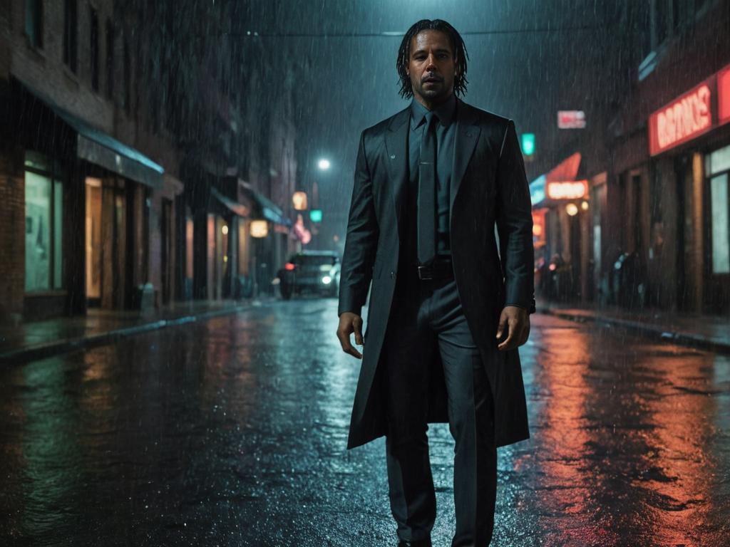 Man in 'John Wick' Costume in Rain on Dark Urban Street