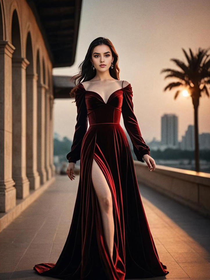 Elegant Woman in Red Velvet Gown on Sunlit Promenade