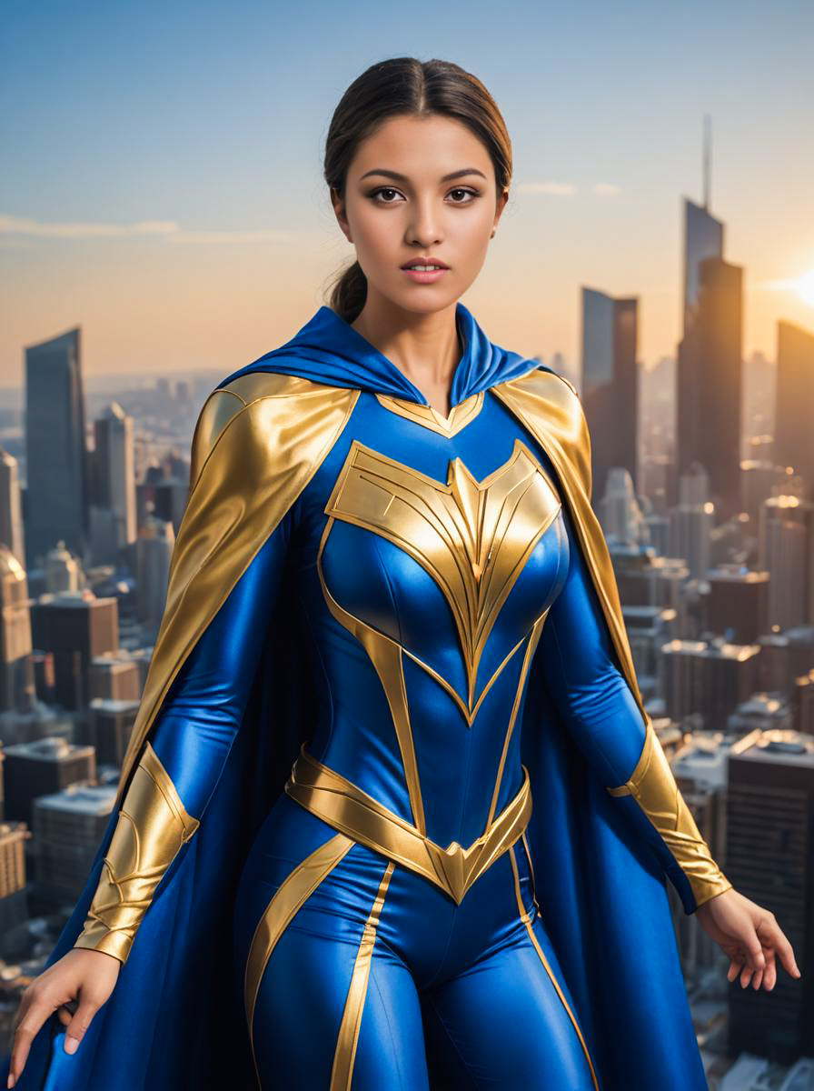 Confident Female Superhero in Blue and Gold Costume